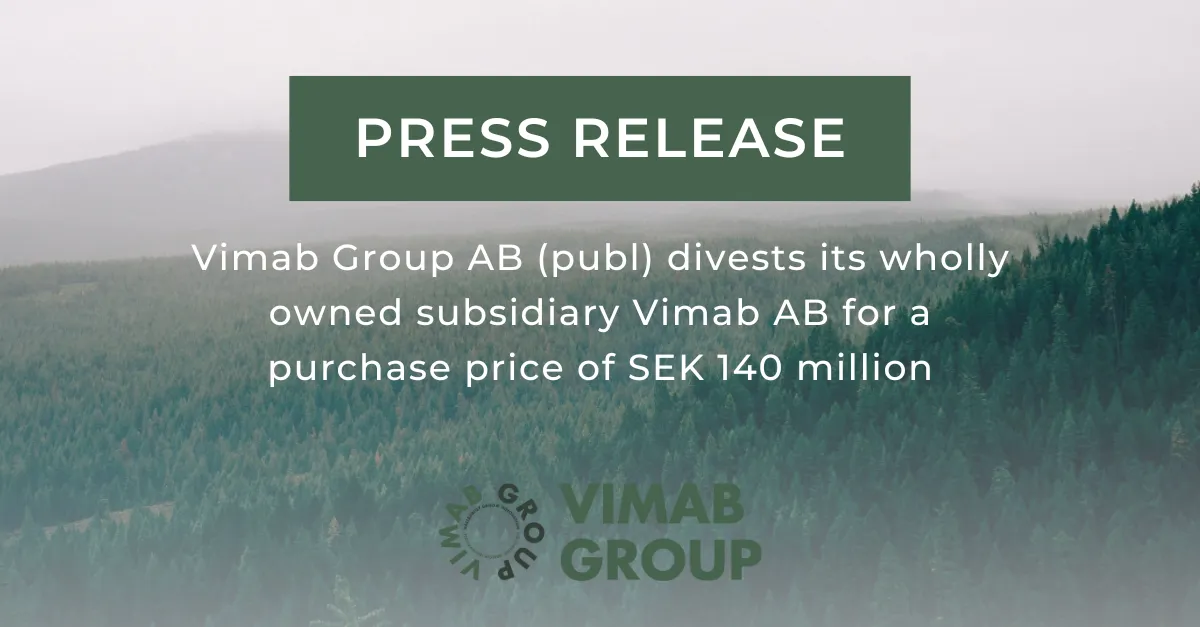 vimabbessvimab En pressmeddelande-grafik med Vimab Group AB som meddelar avyttringen av dotterbolaget Vimab AB för 140 miljoner kronor. Bakgrunden visar ett dimmigt skogslandskap, med Vimab Group AB:s logotyp längst ner.