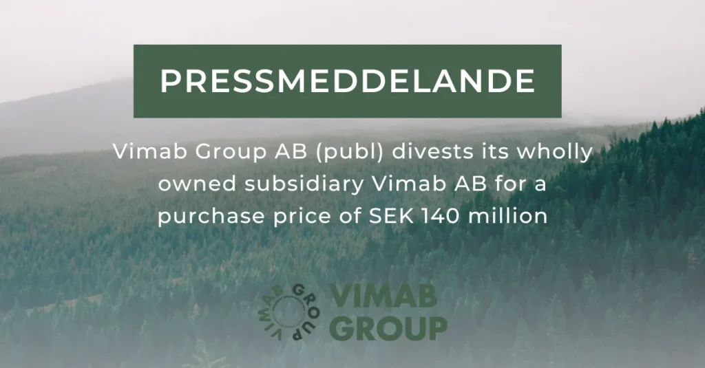 En pressmeddelande-grafik med rubriken PRESSMEDDELANDE ovanför en text som säger att Vimab Group AB säljer sitt dotterbolag Vimab AB för 140 miljoner kronor, mot en dimmig skogsbakgrund. Logotyperna Vimab Group och Delivery Lit visas längst ned.